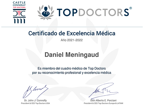 Certificado de Excelencia Médica 2021–2022 de Top Doctors otorgado a Daniel Meningaud